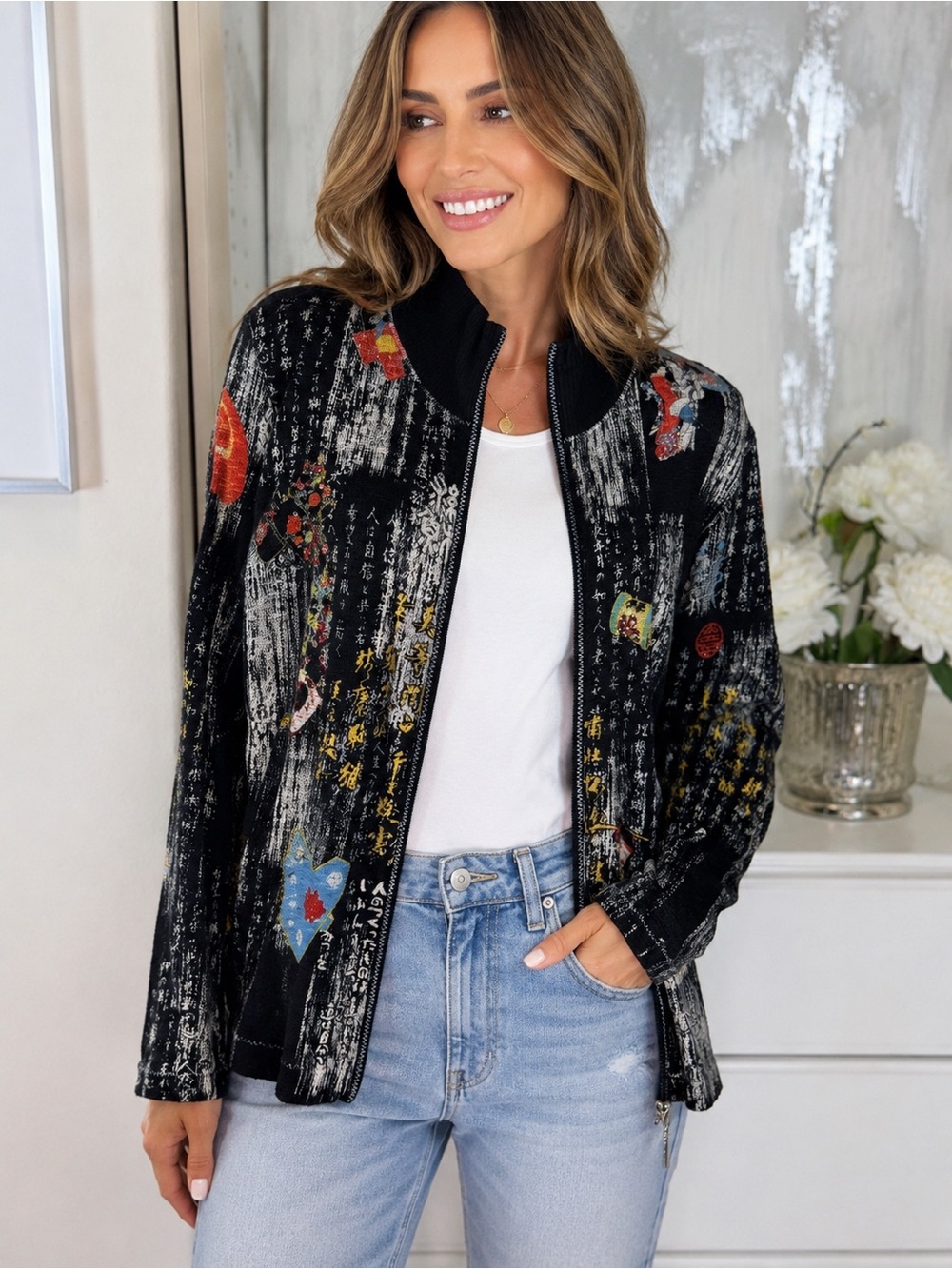 Katina Marie Geisha Japanese Calligraphy Zip Up Jacket Art To Wear Medium